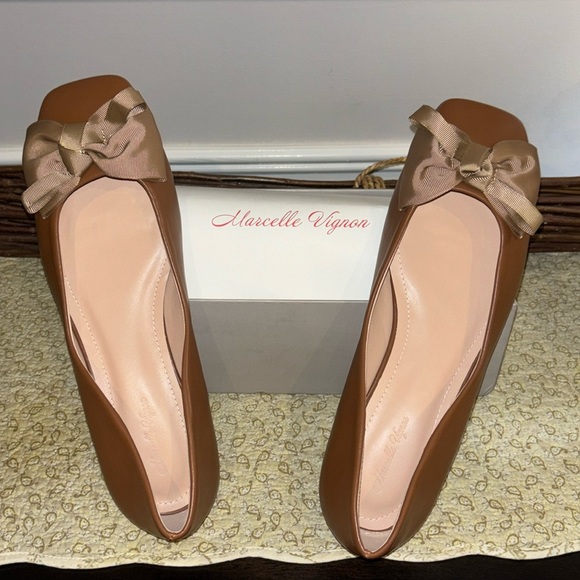 Women Olive Brown Ballet Flat Shoes with leather Bowknot Square-Toe. - Picture 4 of 7